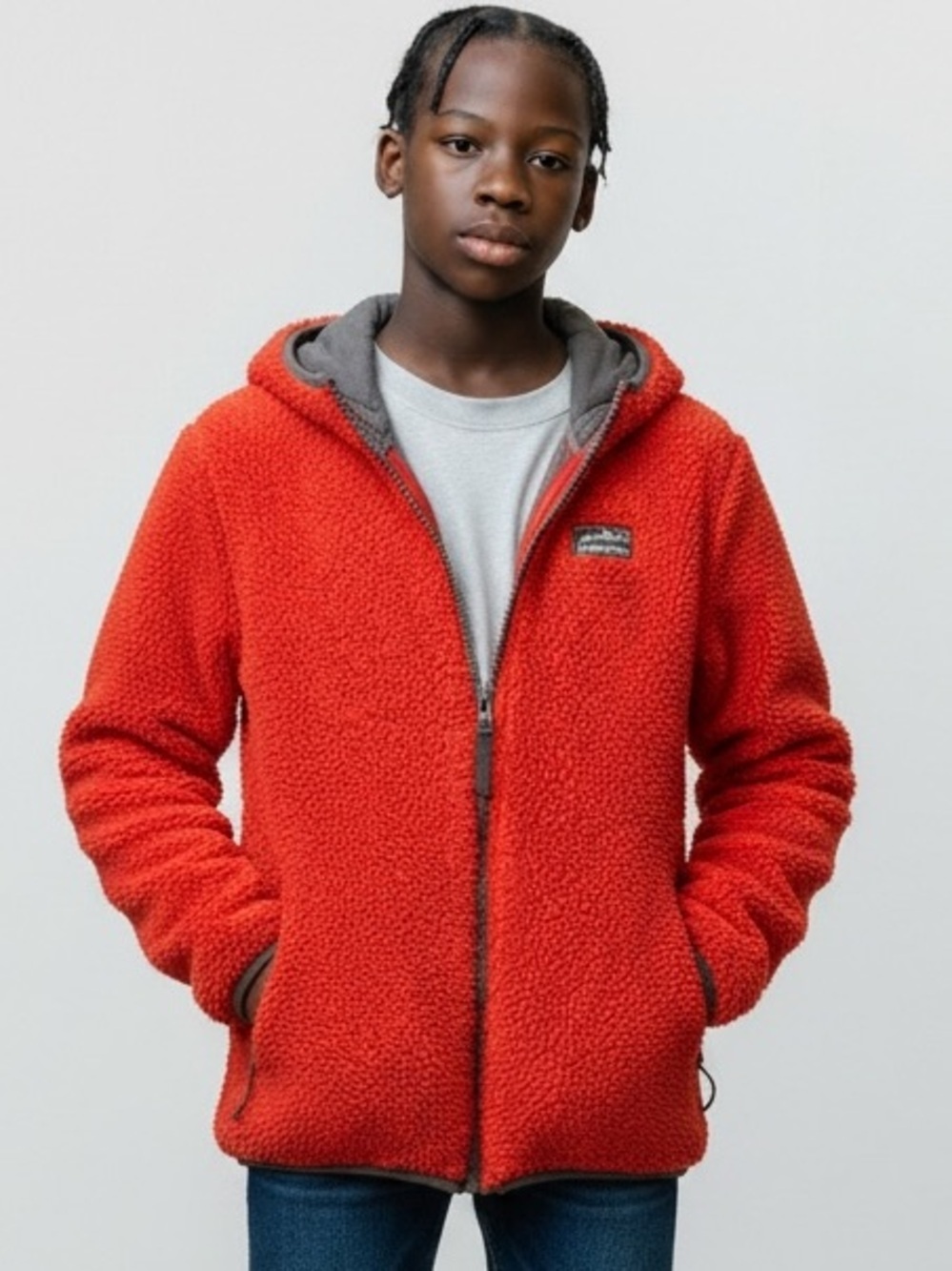 Eddie Bauer Reversible Jacket Kids S 7/8 Gray Puffer Orange Sherpa Hooded Coat - Picture 11 of 12